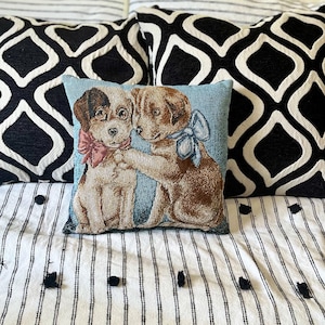 Vintage needlepoint pillow, puppies with bows