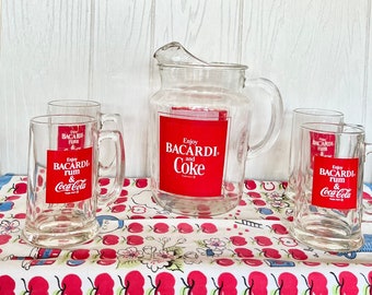 Vintage Bacardi and Coke pitcher and glass set, 4 mug set