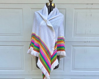 Vintage rainbow cape, white shawl with rainbow trim