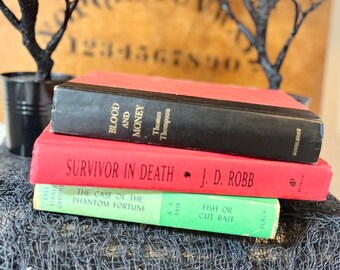 Vintage hardcover spooky book set, red, green, black mystery books
