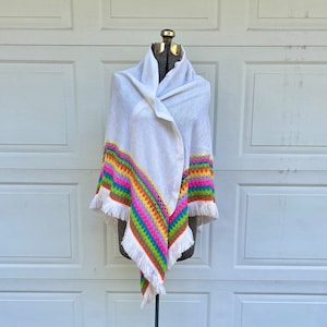 Vintage rainbow cape, white shawl with rainbow trim