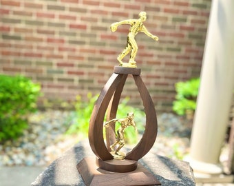 Vintage kitschy wooden bowling trophy, man and woman, 1970s bowling trophy