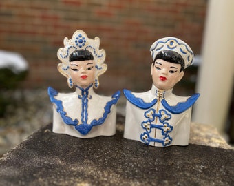 Vintage pair Chinese couple, ceramic busts