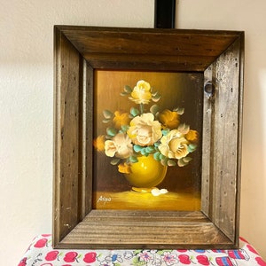 Vintage yellow rose oil painting with rough wood frame