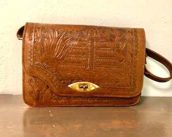 Vintage tooled leather shoulder purse, Mexican tooled leather, sun pyramid