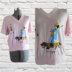 Vintage women&#39;s golf shirt, wiener dog sweater, short sleeved sweater, pink, Small