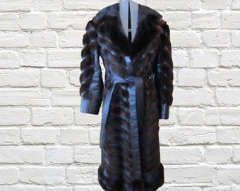 1980s vintage amazing fur mink coat with leather, real fur, full length coat, Small/Medium