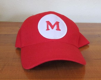 Vintage trucker hat, M monogram hat, red with monogram, one size