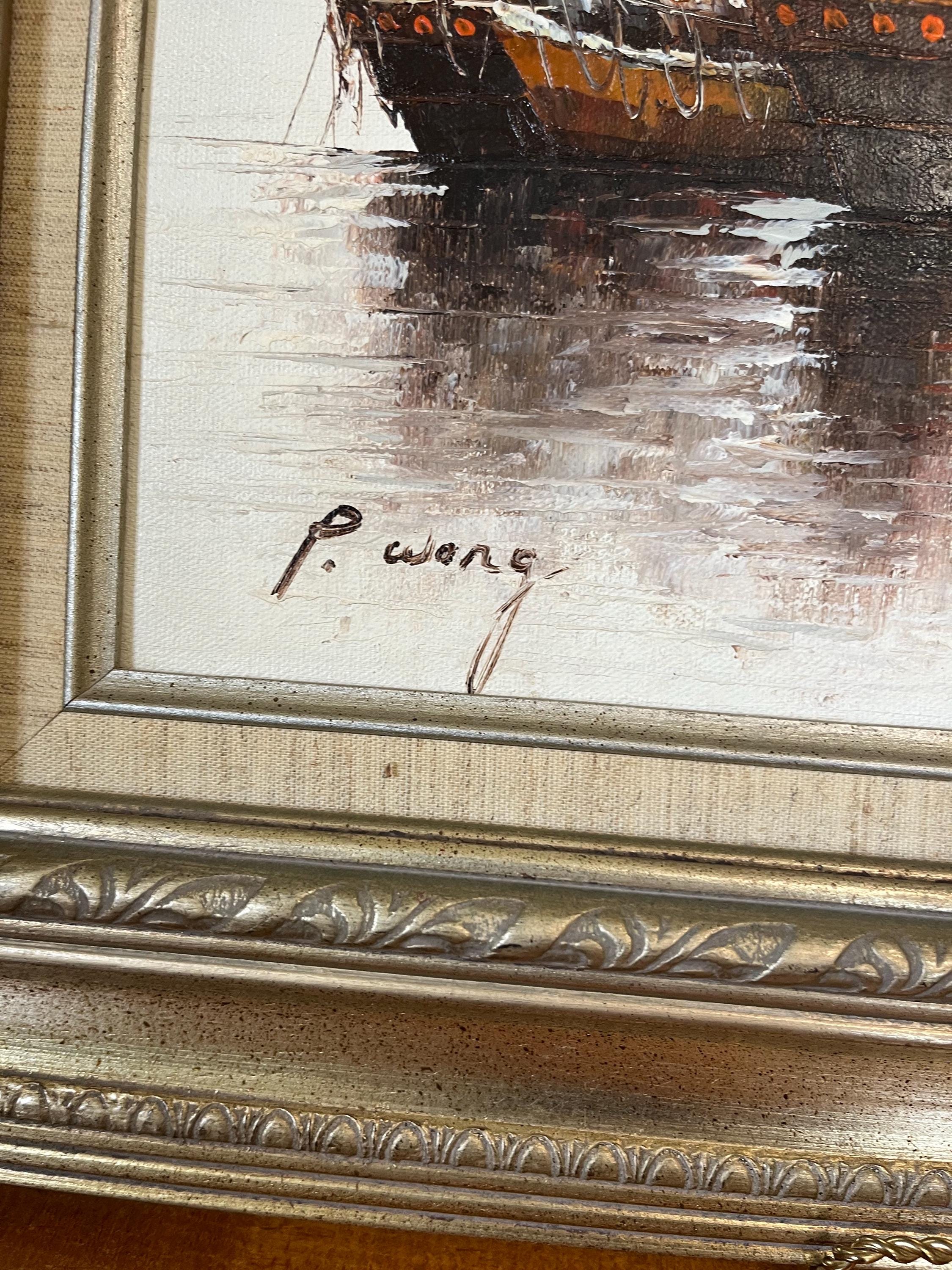 タイで買った絵 Vintage P. Wong ORIGINAL CERTIFIED Oil Painting on Canvas, Framed