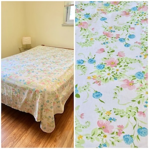 Vintage pink and blue rose flat sheet for full bed