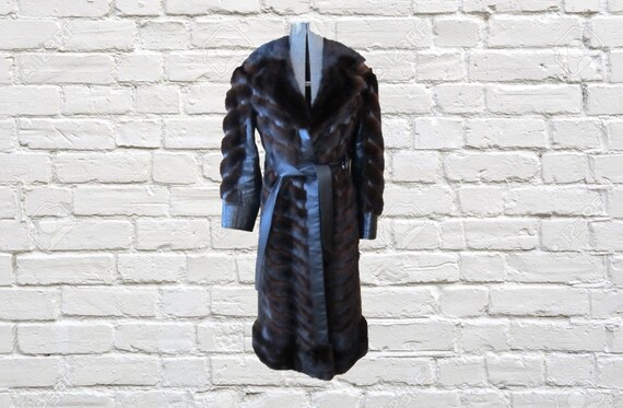 1980s vintage amazing fur mink coat with leather, real fur, full length coat, Small/Medium