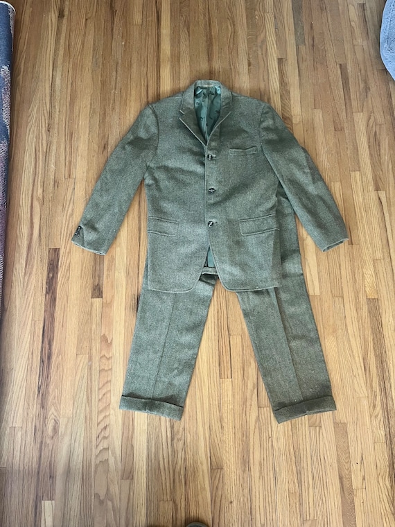 1970s green tweed wool mens suit, S/M