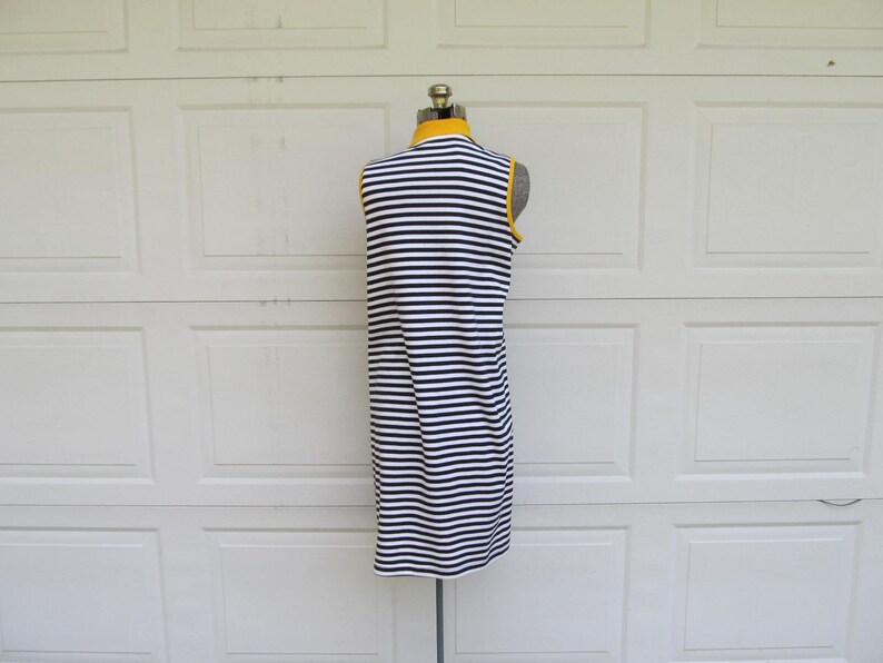 1990s vintage sleeveless polo shirt dress, black and white stripe with yellow collar, M image 5