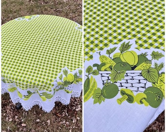 Vintage midcentury green and white checkered table cloth with mushrooms and vegetables, round