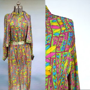 Vintage 1960s/70s incredible silk two piece psychedelic set with blouse, neck tie, and skirt