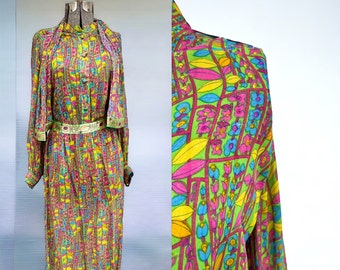 Vintage 1960s/70s incredible silk two piece psychedelic set with blouse, neck tie, and skirt