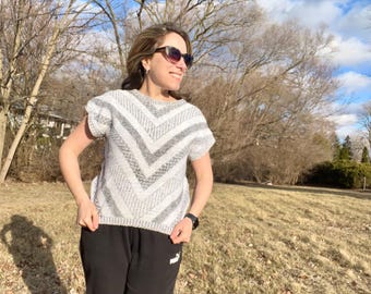 1980s vintage square short sleeve knit sweater with chevron stripes