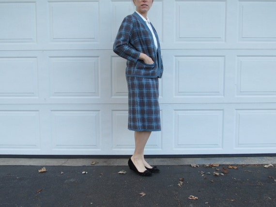 1950s Glengarry plaid knit cardigan and skirt set