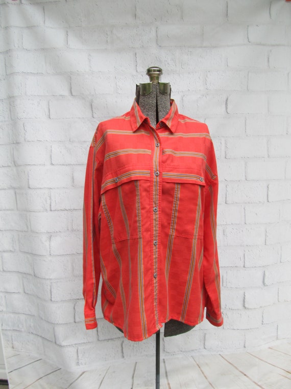 1980s unisex oversized striped shirt, coral with … - image 2