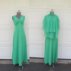 1970s green goddess maxi dress with cape shawl, vintage maxi dress, matching cape, XS/S