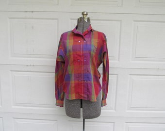 1990s womens rainbow colorblock blouse, double breasted blouse, womens small