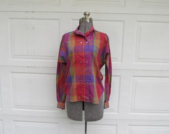 1990s womens rainbow colorblock blouse, double breasted blouse, womens small