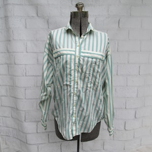 1980s unisex oversized striped shirt, white with mint green stripes, S/M