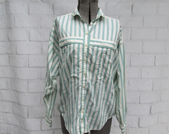 1980s unisex oversized striped shirt, white with mint green stripes, S/M