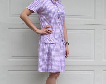 1960s purple gigham picnic dress, summer cotton shirt dress, medium