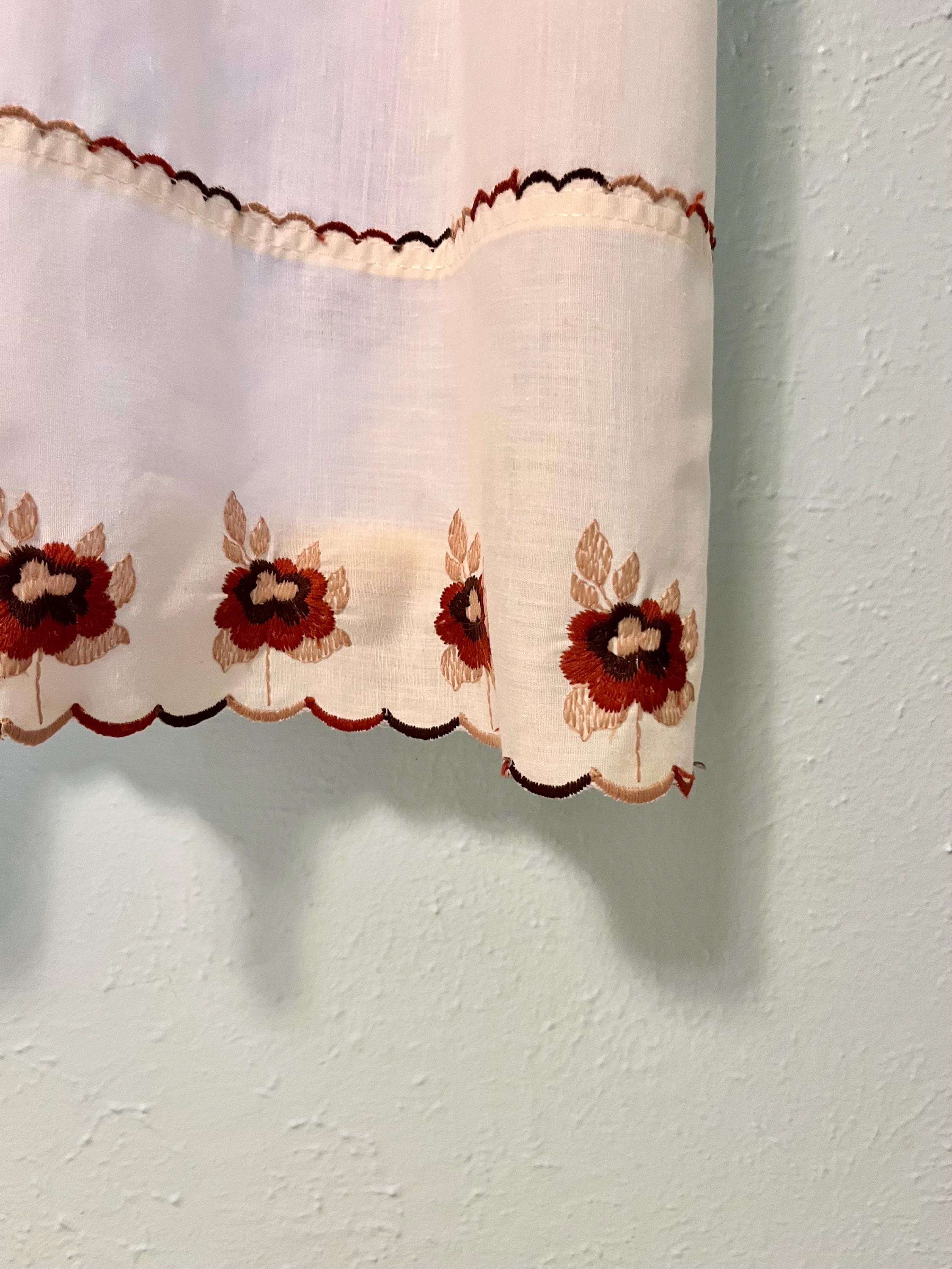 Vintage Cafe Curtains, 3 Panels, Brown Toned Embroidered Flowers - Etsy