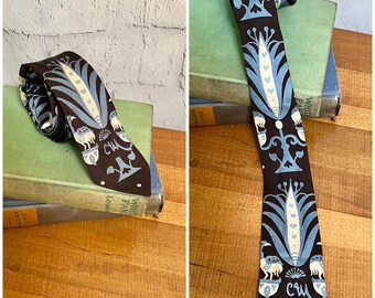 1960s mens vintage tie, skinny tie with tropical print, blue, brown, cream