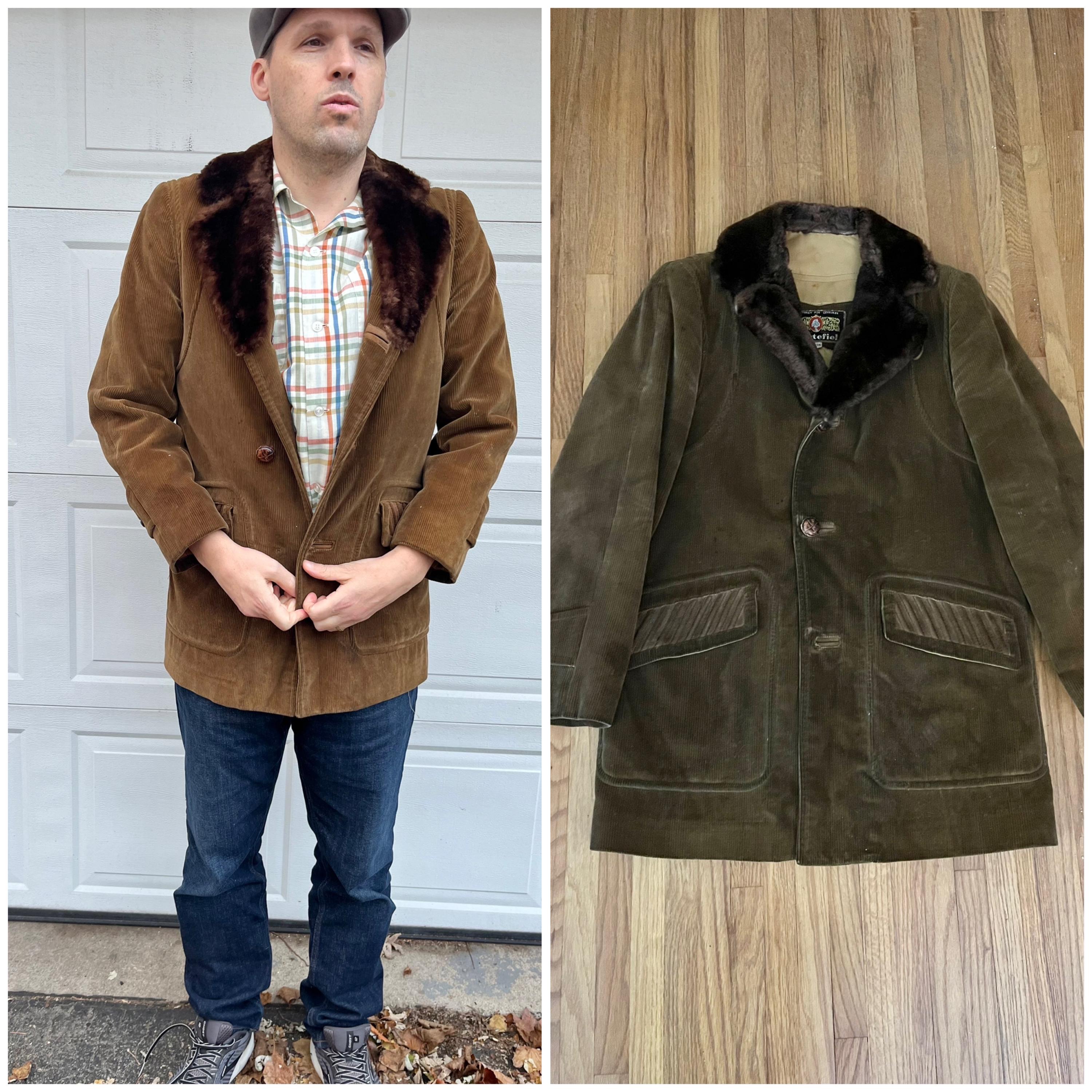 1970s Men's Vintage Corduroy Jacket With Faux Fur Collar and