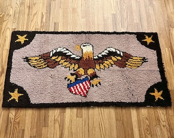 Vintage 1970s latch hook bald eagle with shield, wall hanging, patriotic decor