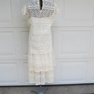 1970s vintage lace dress, cream lace sheer blouse with lace slip, two piece dress, boho dress, M image 3