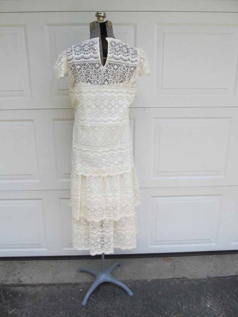 1970s vintage lace dress, cream lace sheer blouse with lace slip, two piece dress, boho dress, M image 3
