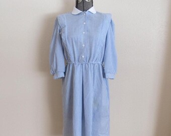 1980s blue and white pinstriped dress with Peter Pan collar, XS