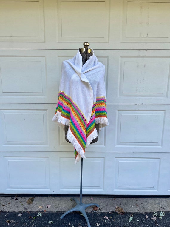 Vintage rainbow cape, white shawl with rainbow tri