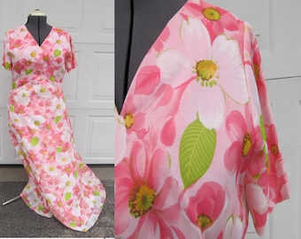 1960s long floral maxi dress with pink flowers, large vintage dress