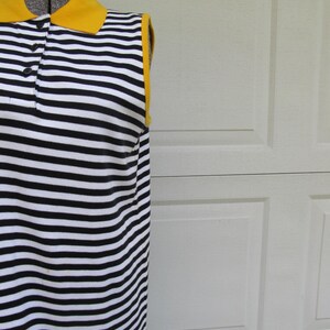 1990s vintage sleeveless polo shirt dress, black and white stripe with yellow collar, M image 2