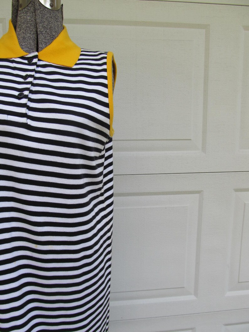 1990s vintage sleeveless polo shirt dress, black and white stripe with yellow collar, M image 2