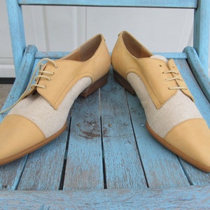 Vintage Oxfords, yellow leather and cream canvas, NOS, sz 6