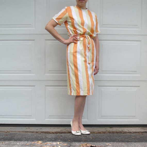 1950s orange and yellow bold striped dress with r… - image 1