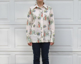 1970s womens floral print shirt, small/medium