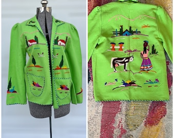 Vintage wool Mexican folk art coat souvenir jacket embroidered Small