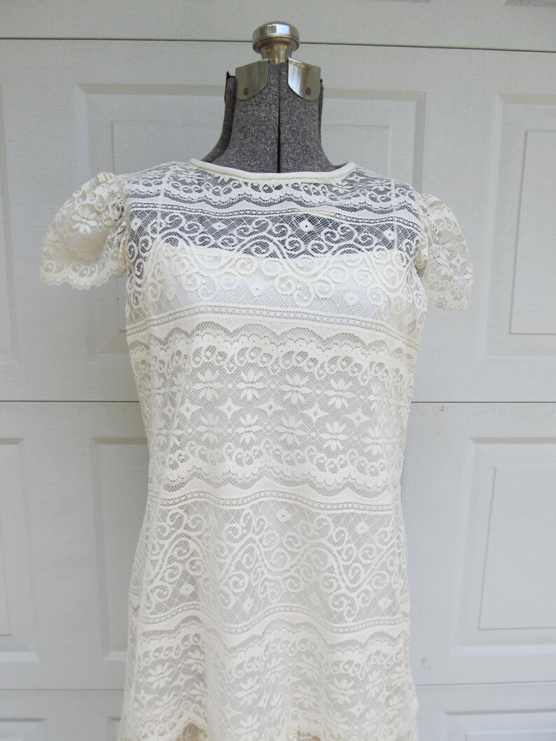 1970s vintage lace dress, cream lace sheer blouse with lace slip, two piece dress, boho dress, M image 5