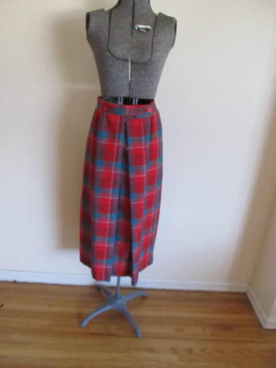 1970s red and teal wool midi skirt, vintage wool … - image 5