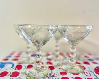 Vintage etched couple glass with "E" monogram and bubble stem, set of 4