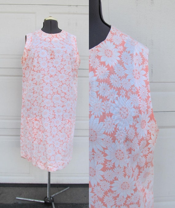 1960s peach/coral sunflower print dress, shift dre