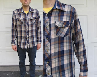 Chaqueta de franela a cuadros para hombre, años 60, camisa de franela a cuadros, chaqueta a cuadros, talla grande, azul marino
