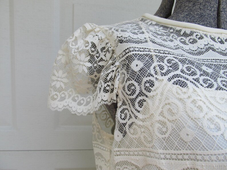 1970s vintage lace dress, cream lace sheer blouse with lace slip, two piece dress, boho dress, M image 2